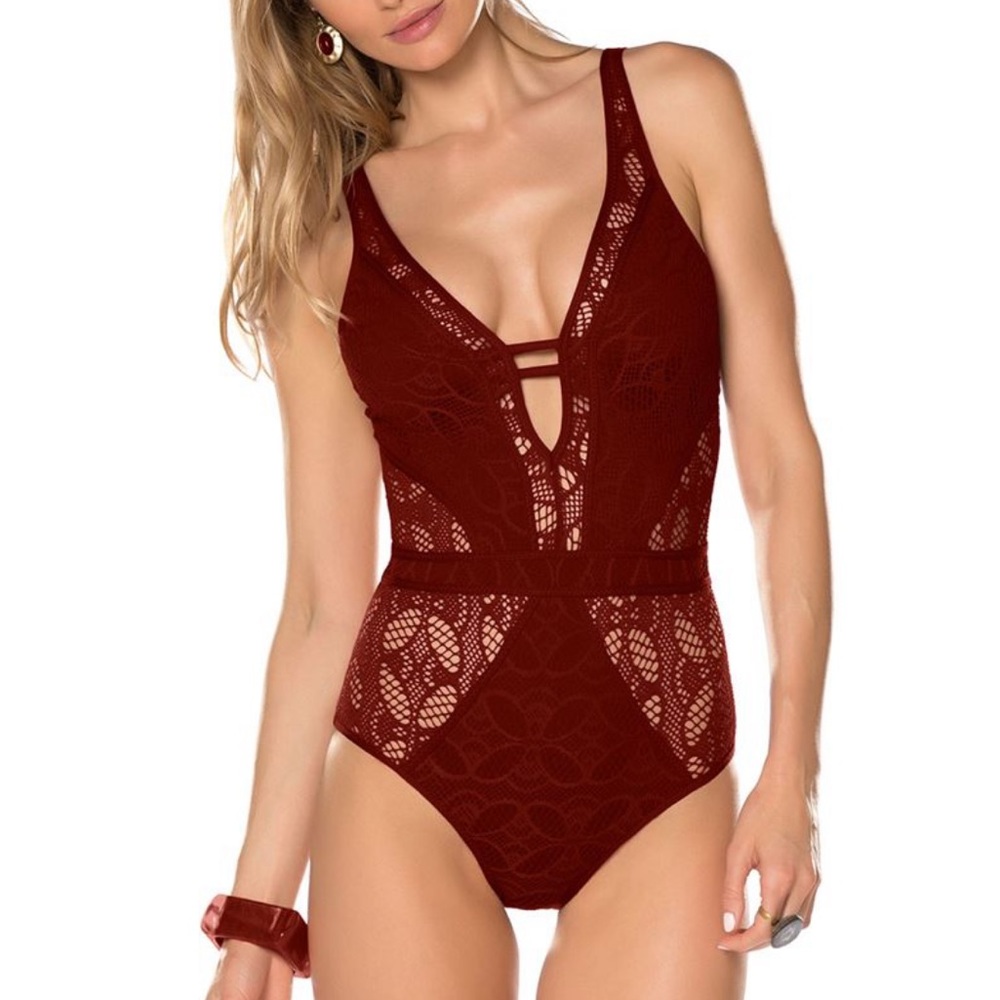 BECCA Burgundy Lace One Piece Swimsuit